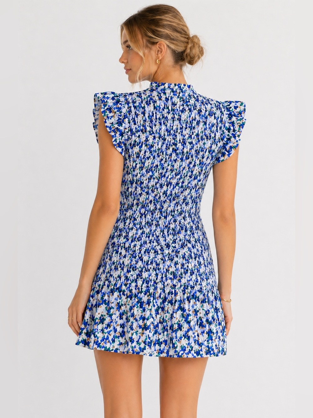 Veronica Beard Blue Floral Smocked Mini Dress Ruffle Sleeve Tiered Cotton Size 2 - Picture 2 of 11